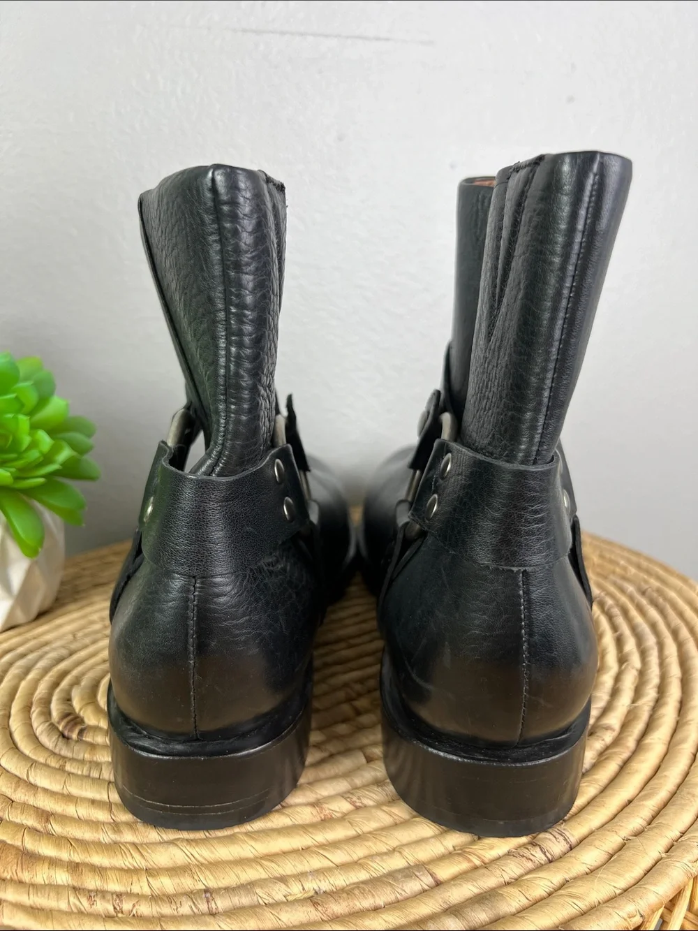 Frye Black Leather Harness Ankle Boots with Ring Detail